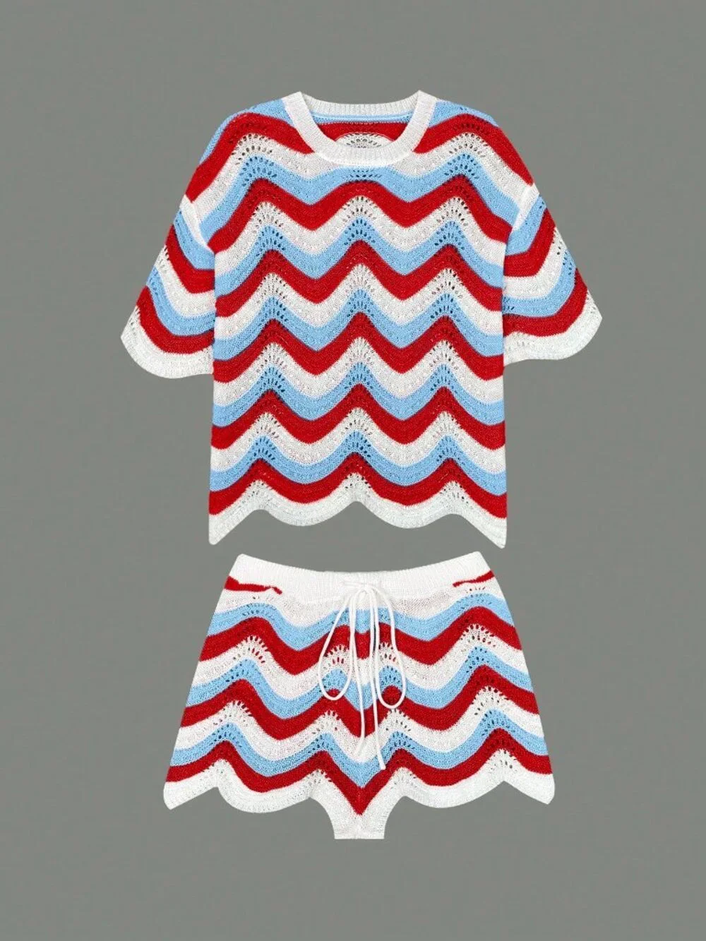 Multicolor Hollow Crochet Knit Women's Short Sleeve Top & Shorts Set